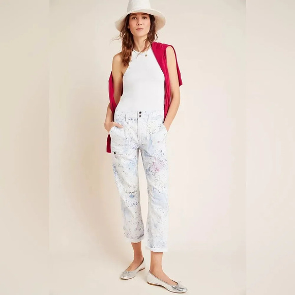 ANTHROPOLOGIE NWOT Wanderer Watercolor Cargo Pants in Neutral Motif - Picture 3 of 13